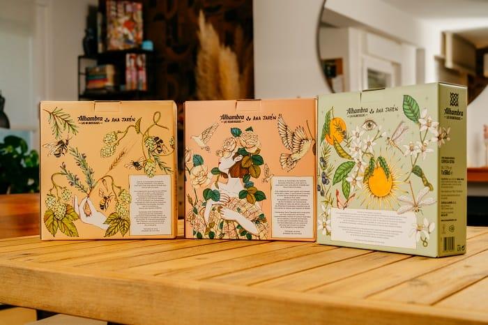 Parte trasera del pack edición limitada de Cerveza Alhambra con mantel