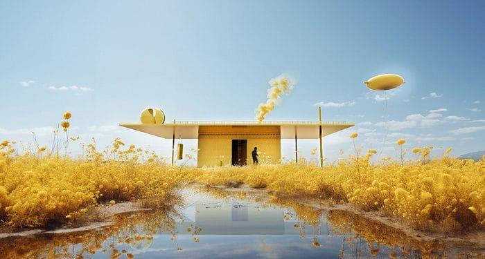 Edificio arquitectónico amarillo con un río al lado