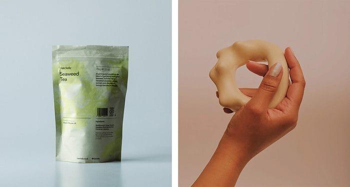 Bolsa de té de algas y una mano con un objeto masajeador de cerámica