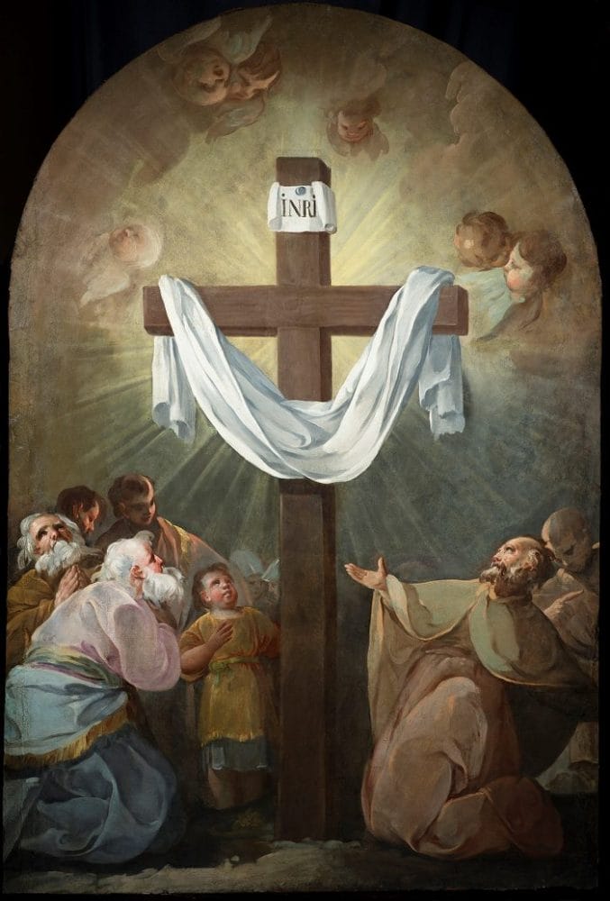 Cuadro de personas adorando a la cruz de cristo