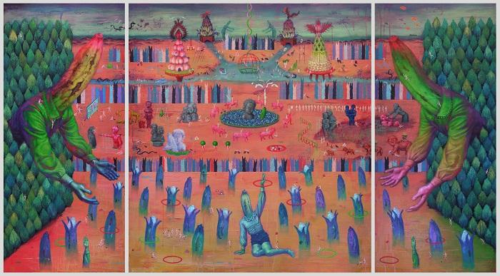 Cuadro de un artista taiwanés Lin Shih Young, paisaje colorido con gente