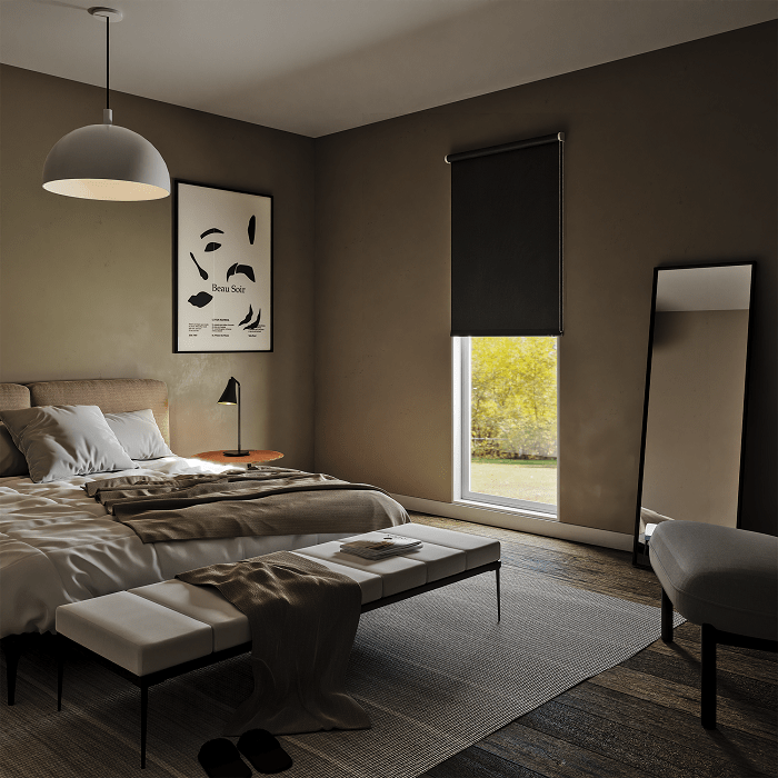 Habitación con un estor enrollable opaco de Leroy Merlin