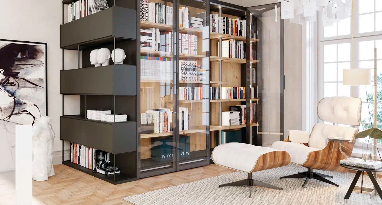 Tienda de muebles madrid salon con libreria negra