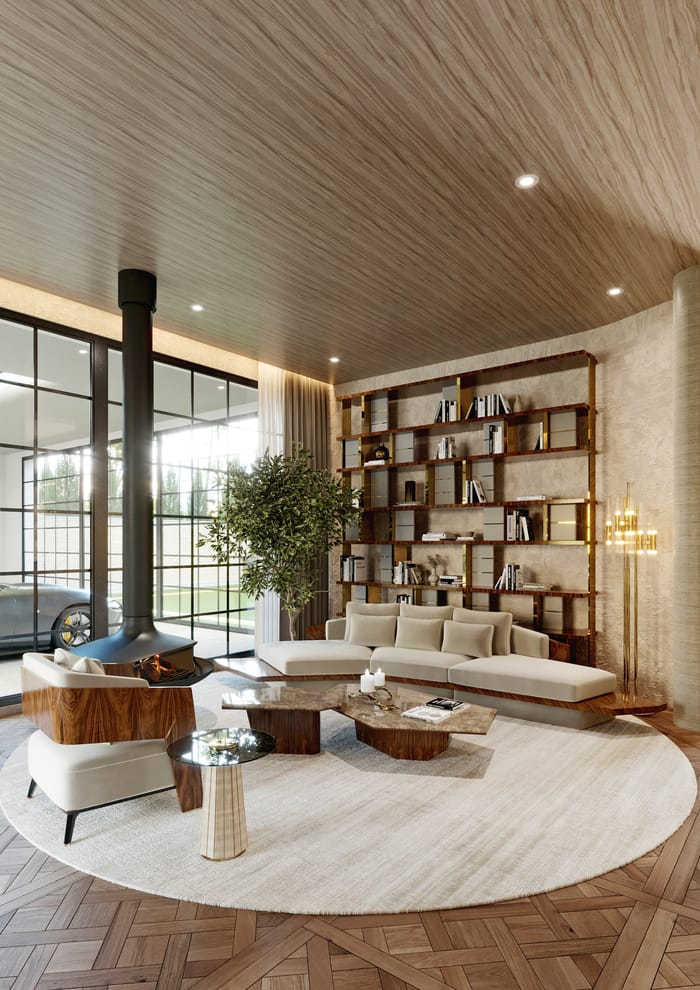 sala de juegos con sofás y alfombra colores neutros