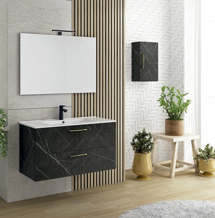Cuarto de baño con mueble de baño de fondo reducido en color negro