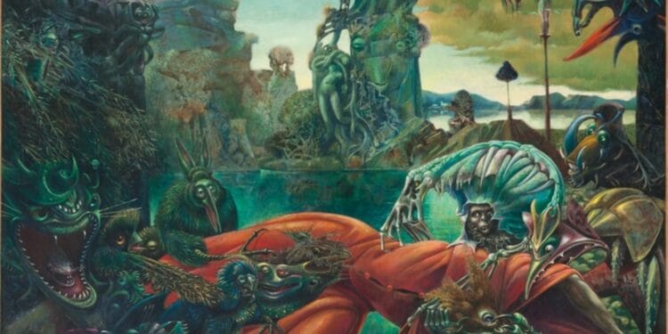 Pintura surrealista de Max Ernst con combinación de paisajes fantásticos y figuras mitológicas