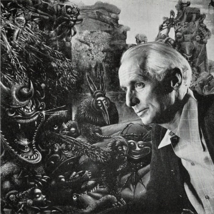 Retrato pictórico de Max Ernst figura humana con deformaciones surrealistas y fondo abstracto