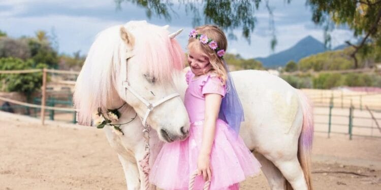 pony de cabello rosa y niña con vestido rosa