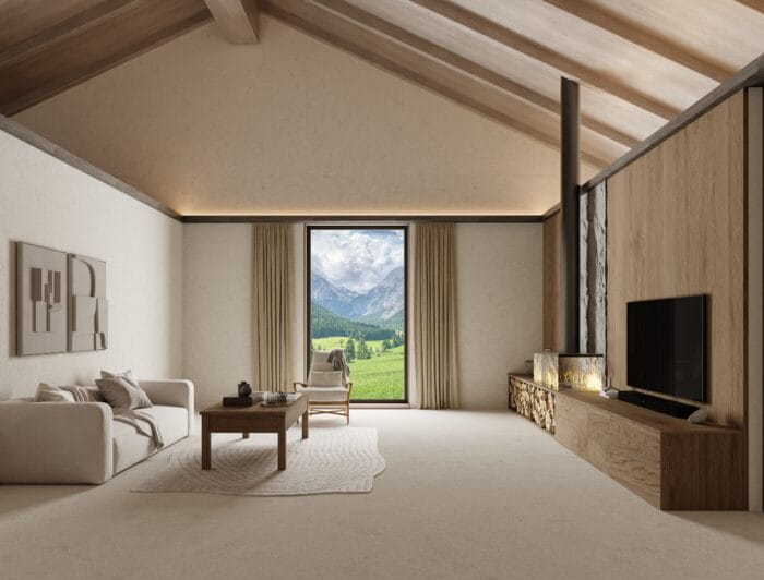 Vista de salón compacto con muebles proporcionales y colores suaves que amplían visualmente el espacio