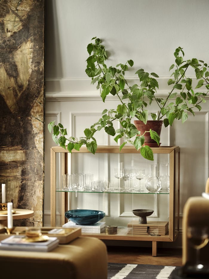 estantería con vitrina y madera con decoración vegetal