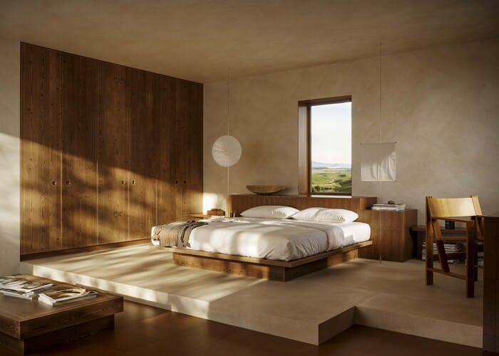 Dormitorio de la casa imaginada por Charlotte Taylor con cerámica Terramater Cotto