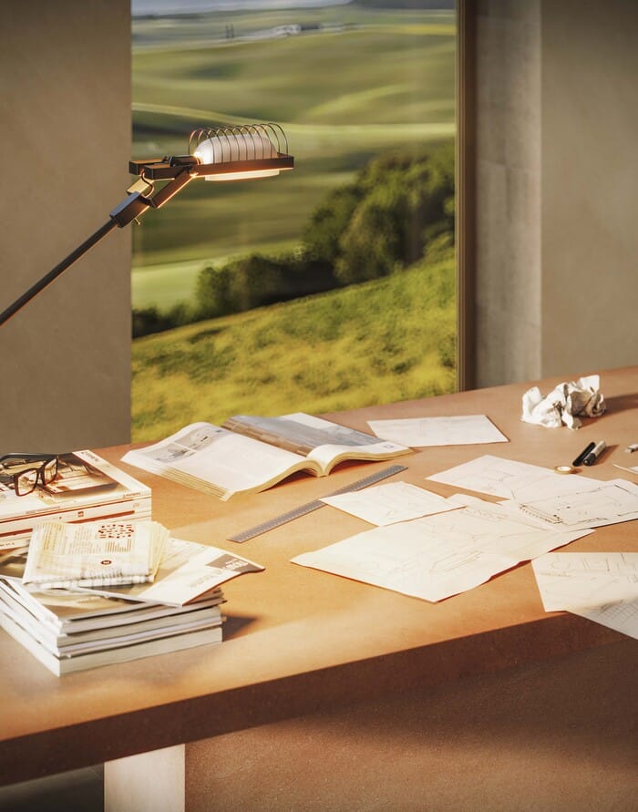 Detalle de escritorio con cerámica Marazzi y vistas verdes