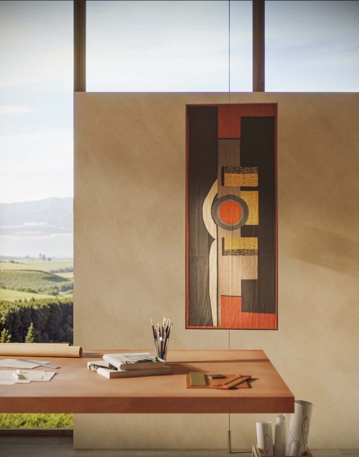 Espacio de trabajo con inspiración artística y cerámica Marazzi en tonos arena