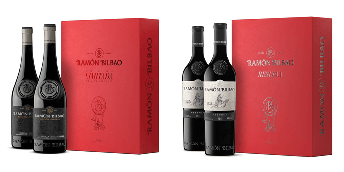 Estuches de Navidad de Ramón Bilbao con dos botellas: Edición Limitada y Reserva, presentados en cajas rojas de regalo, vinos de Rioja ideales para celebraciones y brindis navideños