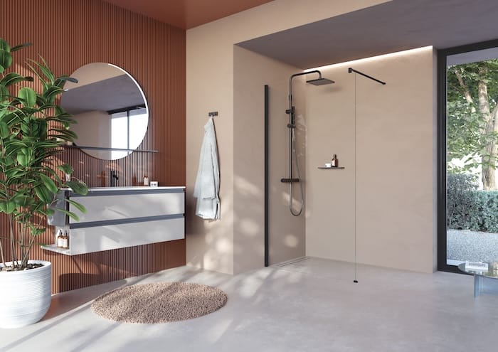 Mampara de ducha minimalista Novellini CLICK con perfil negro y diseño limpio